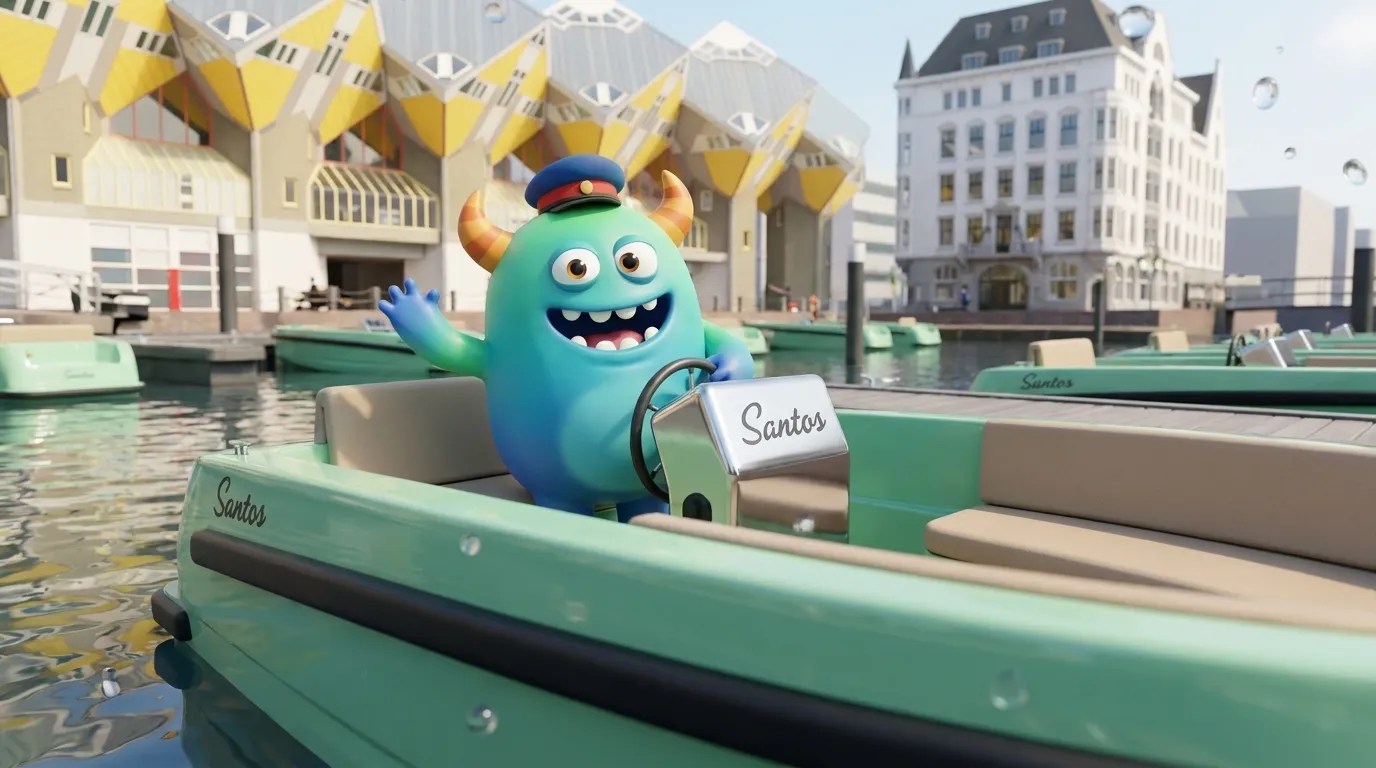 De mintgroene elektrische Santos-sloep in de Oude Haven met een vrolijke mascotte achter het stuur.