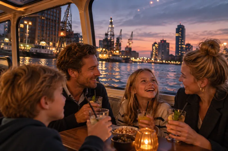 Ouders en kinderen aan tafel in de rondvaartboot met drankjes en nootjes, de havenkranen en de skyline in het avondlicht achter hen