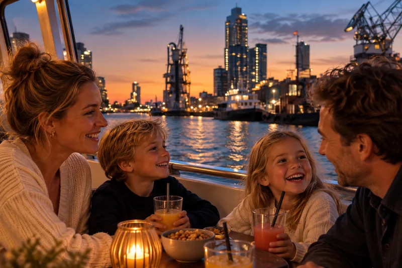 Een gezin met drankjes op het dek van de rondvaartboot, de havenkranen en de skyline van Rotterdam in het avondlicht
