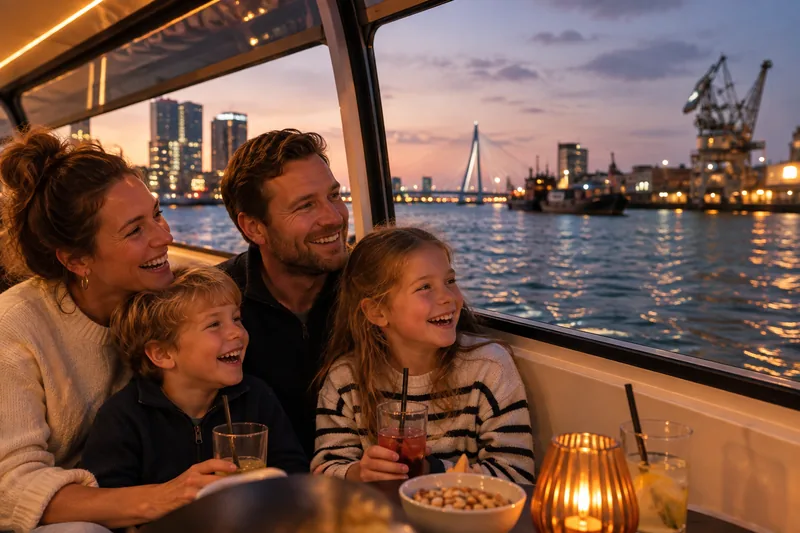 Een gezin lacht aan tafel in de dichte rondvaartboot, met de verlichte Erasmusbrug achter het raam