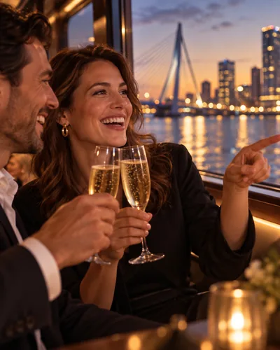 Een stel proost met champagne aan boord, met de Erasmusbrug in het avondlicht achter het raam