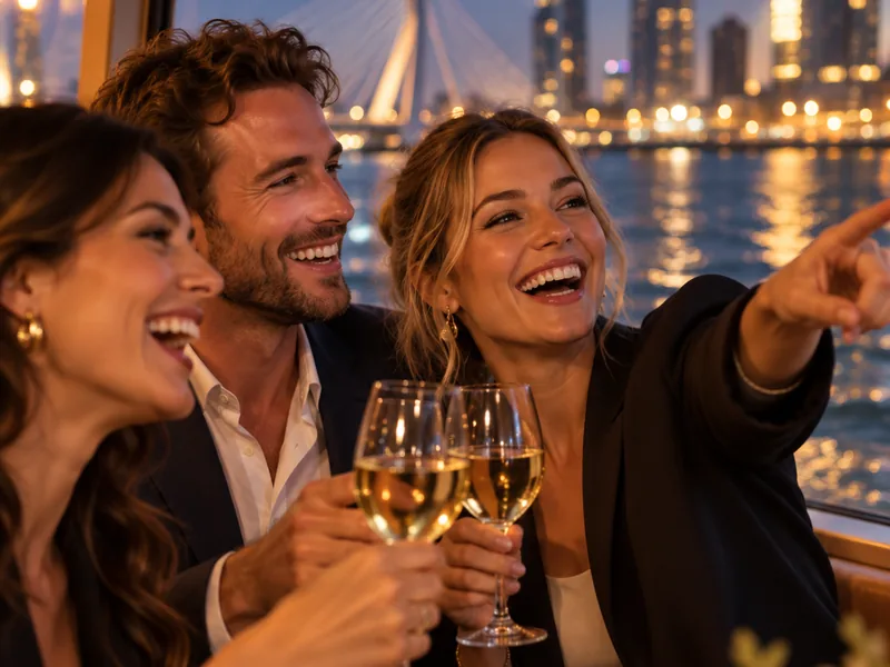 Drie vrienden met een glas wijn aan boord van de privérondvaart, de verlichte skyline van Rotterdam op de achtergrond