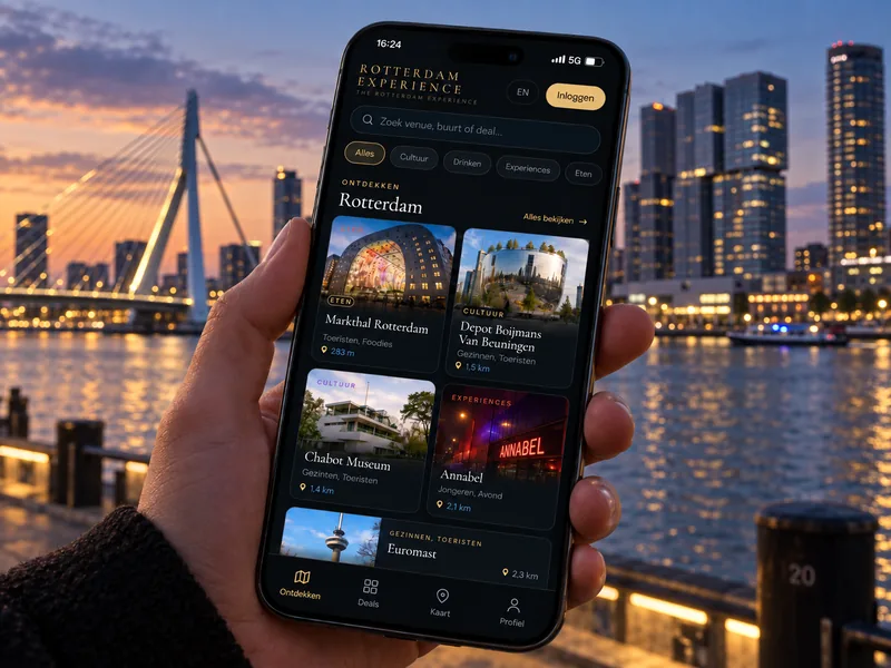 De Rotterdam Experience Card op een telefoon, met de Erasmusbrug en de verlichte skyline op de achtergrond