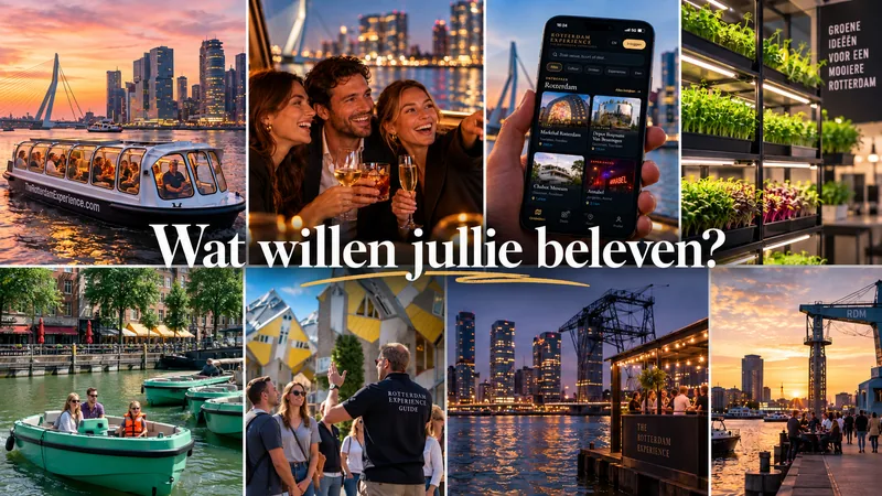 Collage van alle experiences: rondvaart, borrel op het water, Experience Card, urban farming, zelf varen, stadsgids, Experience Hub en de skyline — Wat willen jullie beleven?