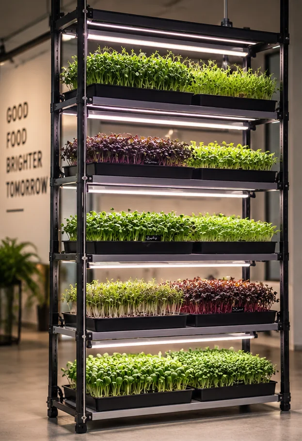 De kweekstellage met microgroenten onder groeilicht in de Experience Hub