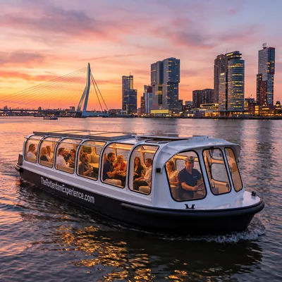 De dichte rondvaartboot op de Maas bij zonsondergang, met de Erasmusbrug en de skyline